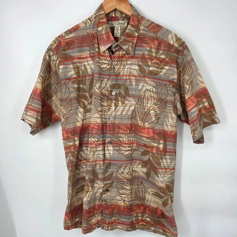 Tori Richard Men's M Cotton Lawn‎ Tropical Leaf Print Button Up Shirt Red Biege
